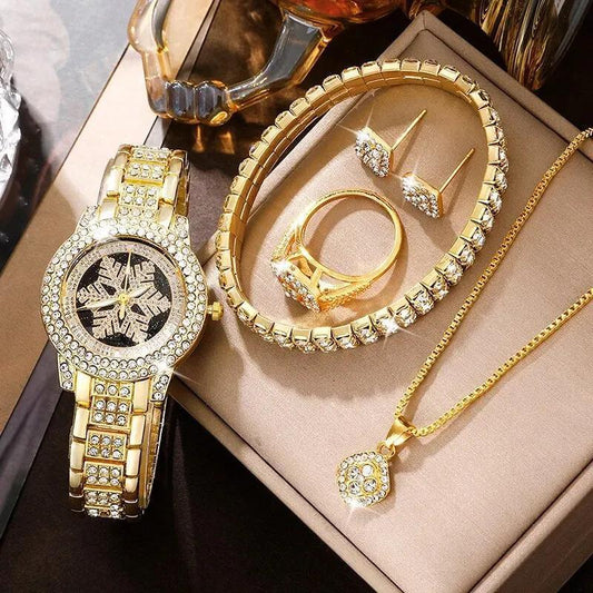 Snowflake Luxury Watch with 5-Piece Rhinestone Jewelry Set